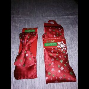 Festive Red Holiday Christmas Snowflake Bow Tie Necktie matching set